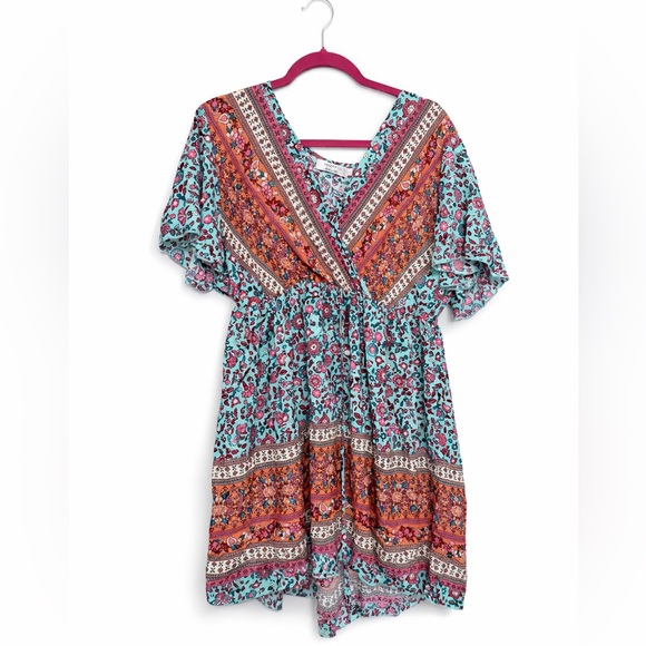 Dresses & Skirts - Tiered Floral Wrap-Style Dress in Aqua and Coral